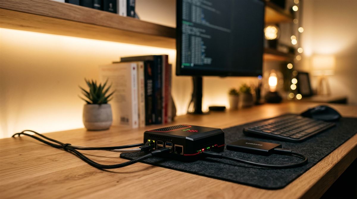 Raspberry Pi single-board computer on a minimal home desk, soft warm light, tidy homelab setup