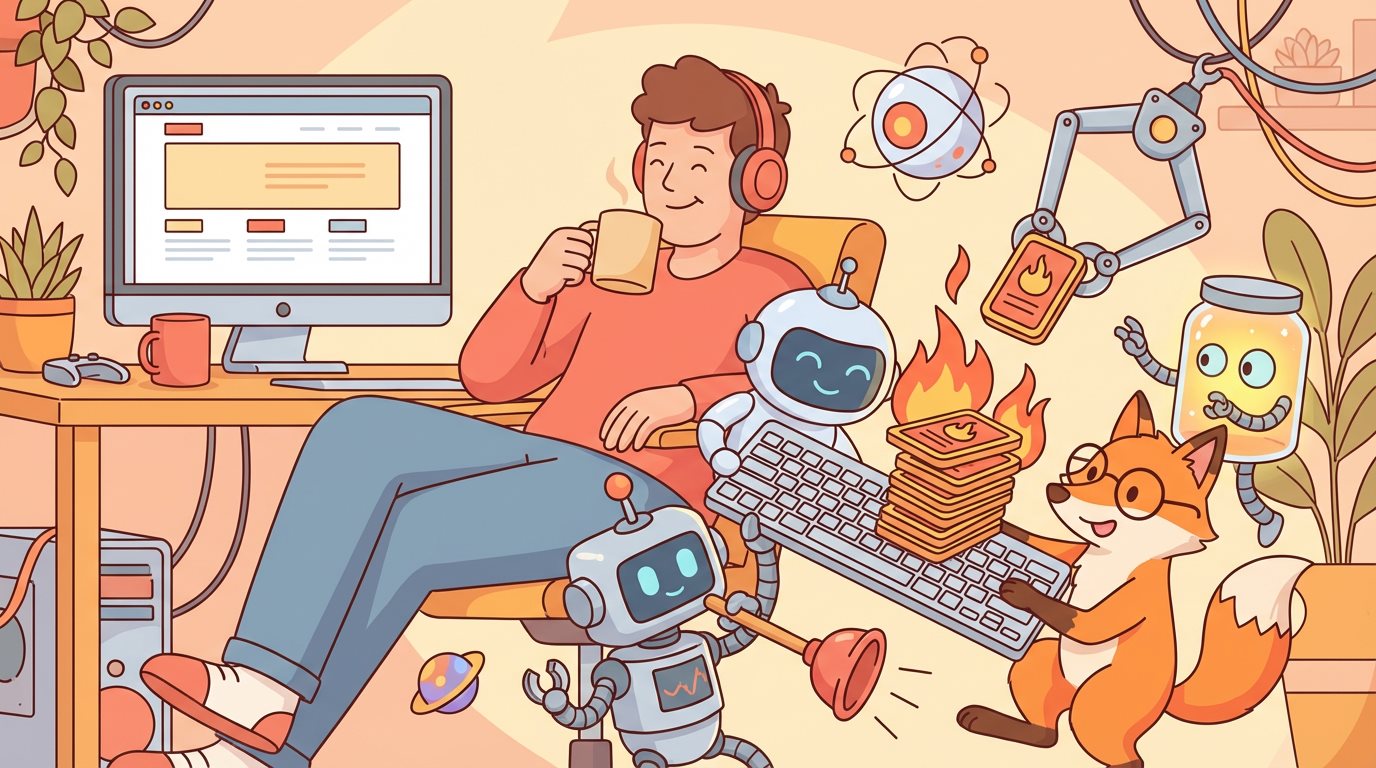 Humorous illustration of a homelab desk crowded with AI assistants